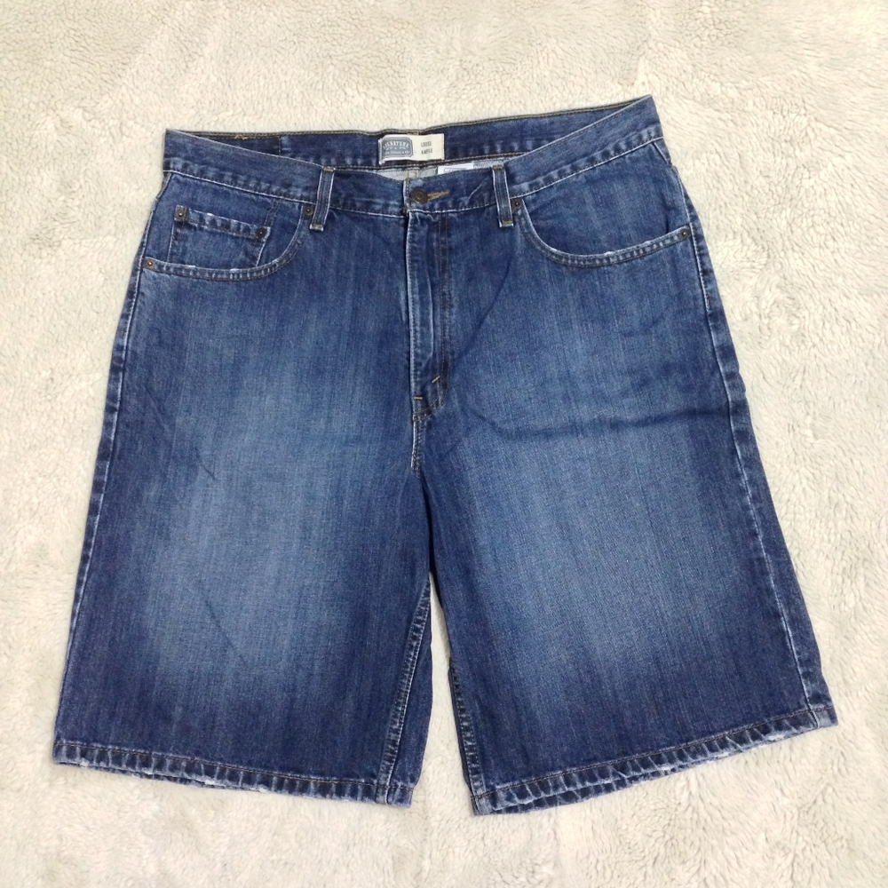 Levi Strauss Signature | Men's Blue Distressed Loose Denim Jean Shorts | Size 34